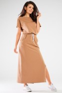 Sukienka maxi bawełniana wiązana w pasie krótki rękaw beżowa M253
