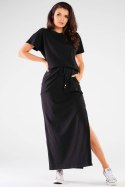 Sukienka maxi bawełniana wiązana w pasie krótki rękaw czarna M253