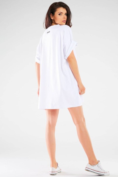 Sukienka mini luźna oversize z krótkim rękawem bawełniana biała M255 Sukienka mini luźna oversize z krótkim rękawem bawełniana biała M255