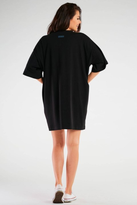 Sukienka mini luźna oversize z krótkim rękawem bawełniana czarna M255 Sukienka mini luźna oversize z krótkim rękawem bawełniana czarna M255
