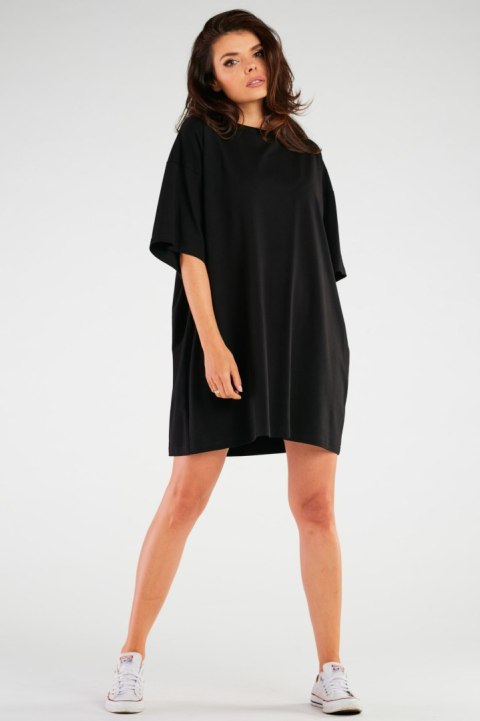 Sukienka mini luźna oversize z krótkim rękawem bawełniana czarna M255 Sukienka mini luźna oversize z krótkim rękawem bawełniana czarna M255