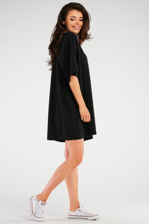 Sukienka mini luźna oversize z krótkim rękawem bawełniana czarna M255 Sukienka mini luźna oversize z krótkim rękawem bawełniana czarna M255