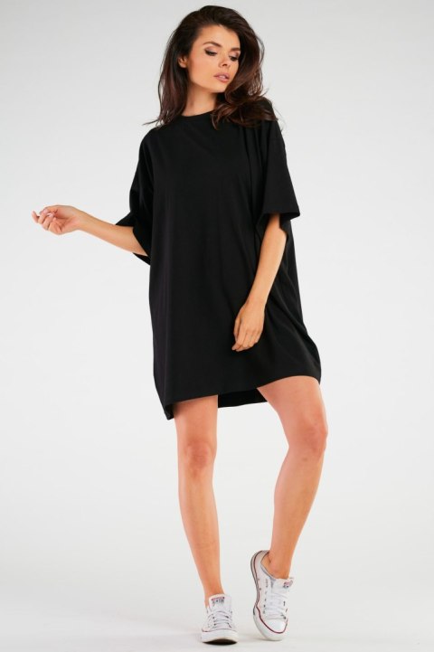 Sukienka mini luźna oversize z krótkim rękawem bawełniana czarna M255 Sukienka mini luźna oversize z krótkim rękawem bawełniana czarna M255