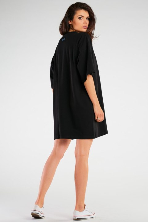 Sukienka mini luźna oversize z krótkim rękawem bawełniana czarna M255 Sukienka mini luźna oversize z krótkim rękawem bawełniana czarna M255