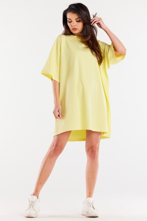 Sukienka mini luźna oversize z krótkim rękawem bawełniana żółta M255 Sukienka mini luźna oversize z krótkim rękawem bawełniana żółta M255