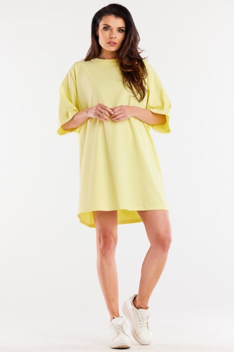 Sukienka mini luźna oversize z krótkim rękawem bawełniana żółta M255 Sukienka mini luźna oversize z krótkim rękawem bawełniana żółta M255