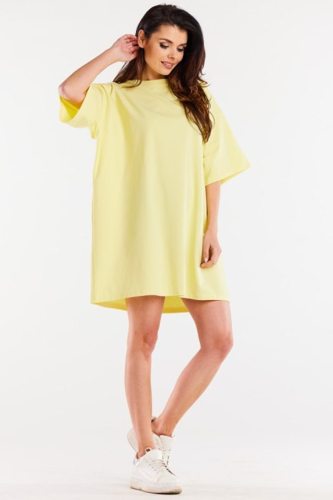 Sukienka mini luźna oversize z krótkim rękawem bawełniana żółta M255 Sukienka mini luźna oversize z krótkim rękawem bawełniana żółta M255