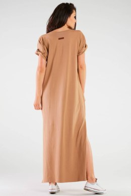 Sukienka maxi bawełniana luźna z krótkim rękawem dekolt V beżowa M256