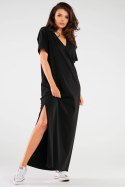 Sukienka maxi bawełniana luźna z krótkim rękawem dekolt V czarna M256