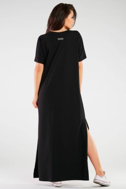 Sukienka maxi bawełniana luźna z krótkim rękawem dekolt V czarna M256