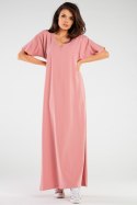 Sukienka maxi bawełniana luźna z krótkim rękawem dekolt V różowa M256