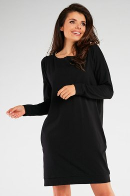 Sukienka midi z długim rękawem luźna bawełniana czarna M257