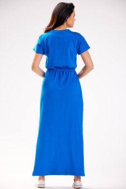 Sukienka maxi bawełniana krótki rękaw dekolt V gumka w pasie niebieska M290