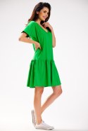 Sukienka midi letnia luźna krótki rękaw głęboki dekolt V zielona M295