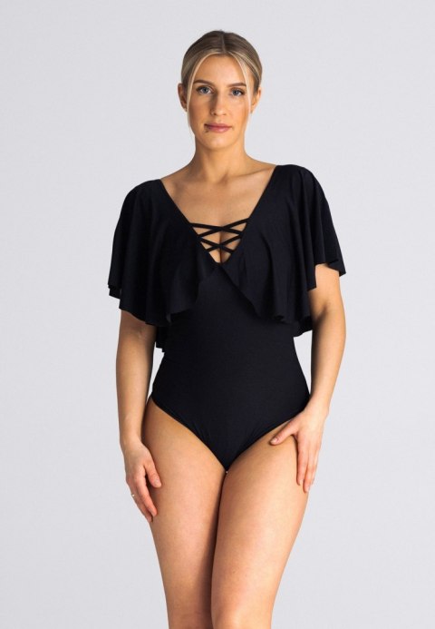 Body damskie z głębokim dekoltem w serek odkryte plecy czarne M938 Body damskie z głębokim dekoltem w serek odkryte plecy czarne M938