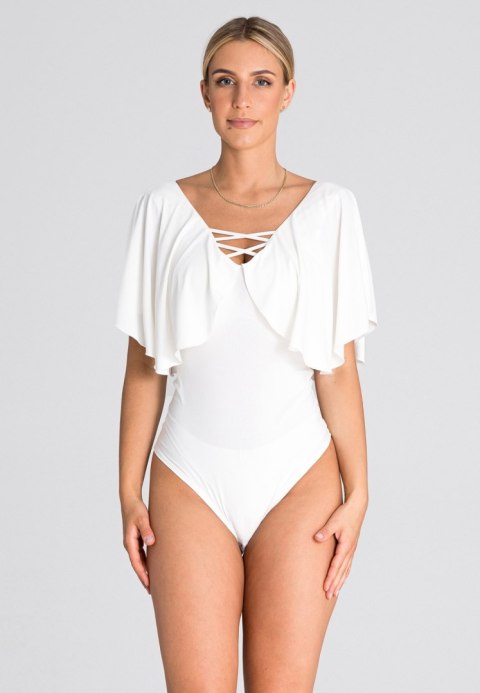 Body damskie z głębokim dekoltem w serek odkryte plecy ecru M938 Body damskie z głębokim dekoltem w serek odkryte plecy ecru M938