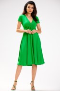 Sukienka midi rozkloszowana krótki rękaw kopertowy dekolt zielona M292
