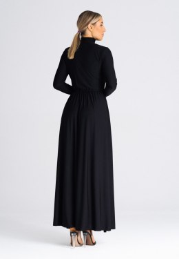 Sukienka maxi rozkloszowana dopasowana góra długi rękaw golf czarny M936
