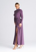 Sukienka maxi rozkloszowana dopasowana góra długi rękaw golf fioletowa M936