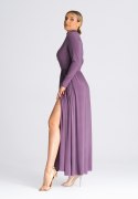 Sukienka maxi rozkloszowana dopasowana góra długi rękaw golf fioletowa M936