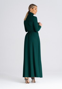 Sukienka maxi rozkloszowana dopasowana góra długi rękaw golf zielony M936