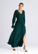 Sukienka maxi rozkloszowana długi rękaw dekolt V zielona M940