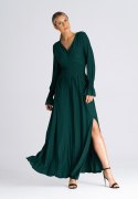 Sukienka maxi rozkloszowana długi rękaw dekolt V zielona M940