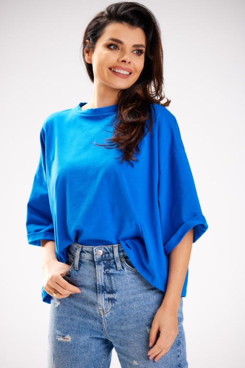 Bluzka damska luźna oversize bawełniana szeroki krótki rękaw niebieska M265 Bluzka damska luźna oversize bawełniana szeroki krótki rękaw niebieska M265