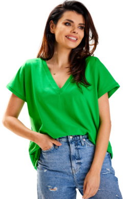 Bluzka damska bawełniana z krótkim rękawem dekolt głęboki V zielona M267