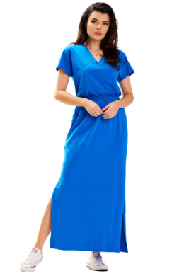 Sukienka maxi bawełniana krótki rękaw dekolt V gumka w pasie niebieska M290