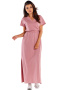 Sukienka maxi bawełniana krótki rękaw dekolt V gumka w pasie różowa M290