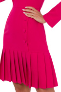 Sukienka midi z plisami kołnierzyk dekolt V długi rękaw różowa me752
