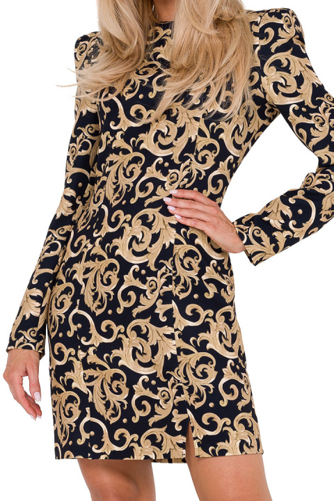 Sukienka mini elegancka z przeszyciami długi wąski rękaw nadruk m1 me756 Sukienka mini elegancka z przeszyciami długi wąski rękaw nadruk m1 me756