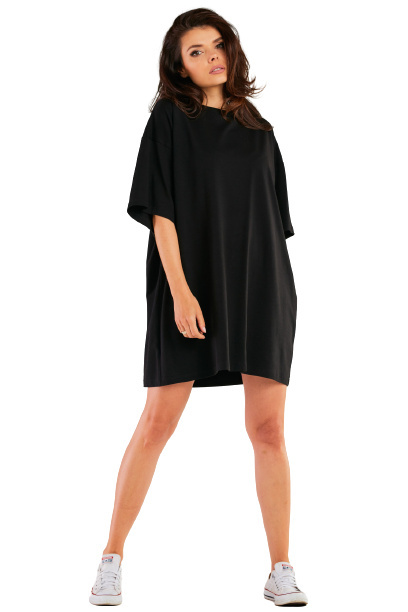 Sukienka mini luźna oversize z krótkim rękawem bawełniana czarna M255 Sukienka mini luźna oversize z krótkim rękawem bawełniana czarna M255