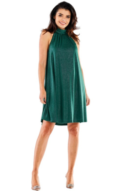 Sukienka mini rozkloszowana brokatowa na stójce bez rękawów L/XL zielona A556