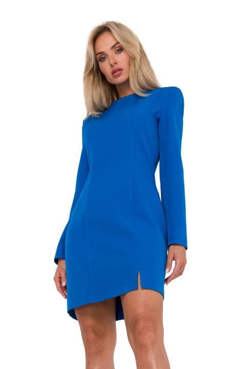 Sukienka mini elegancka z przeszyciami długi wąski rękaw niebieska me755 Sukienka mini elegancka z przeszyciami długi wąski rękaw niebieska me755