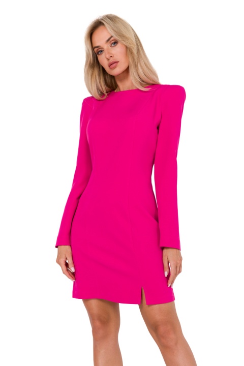 Sukienka mini elegancka z przeszyciami długi wąski rękaw fuksja me755 Sukienka mini elegancka z przeszyciami długi wąski rękaw fuksja me755