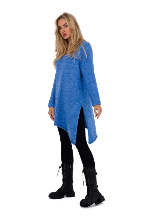 Sweter damski oversize z asymetrycznym dołem dekolt V lazurowy me769 Sweter damski oversize z asymetrycznym dołem dekolt V lazurowy me769