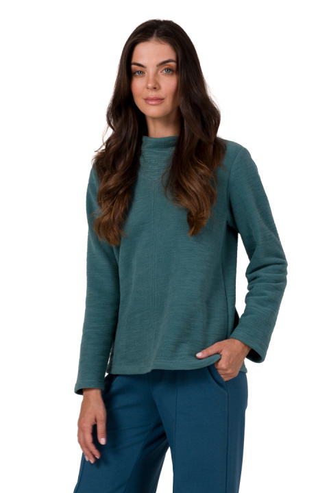 Bluza damska prosta dzianinowa z wysokim kołnierzem turkusowa B268 Bluza damska prosta dzianinowa z wysokim kołnierzem turkusowa B268
