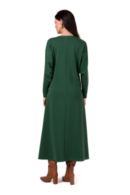 Sukienka maxi dzianinowa rozkloszowana dekolt V długi rękaw zielona B267