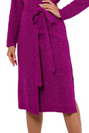 Sukienka midi swetrowa na zakładkę długi rękaw dekolt V malinowa me772