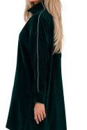 Sukienka mini asymetryczna welurowa długi rękaw stójka zielona me764