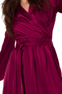 Sukienka satynowa rozkloszowana mini kopertowa długi rękaw bordowa K175