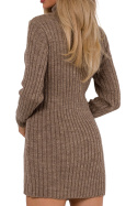 Sukienka swetrowa mini prążkowana z golfem długi rękaw brązowa me770
