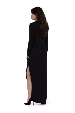 Sukienka midi asymetryczna rozcięcie długi rękaw dopasowana czarna K178