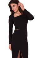 Sukienka midi asymetryczna rozcięcie długi rękaw dopasowana czarna K178
