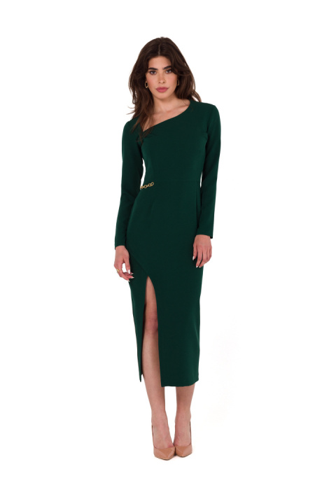 Sukienka midi asymetryczna rozcięcie długi rękaw dopasowana zielona K178
