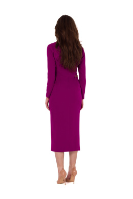 Sukienka midi asymetryczna rozcięcie długi rękaw dopasowana rubinowa K178