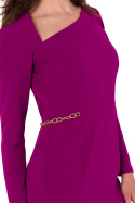 Sukienka midi asymetryczna rozcięcie długi rękaw dopasowana rubinowa K178