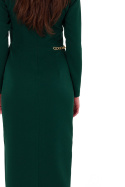 Sukienka midi asymetryczna rozcięcie długi rękaw dopasowana zielona K178